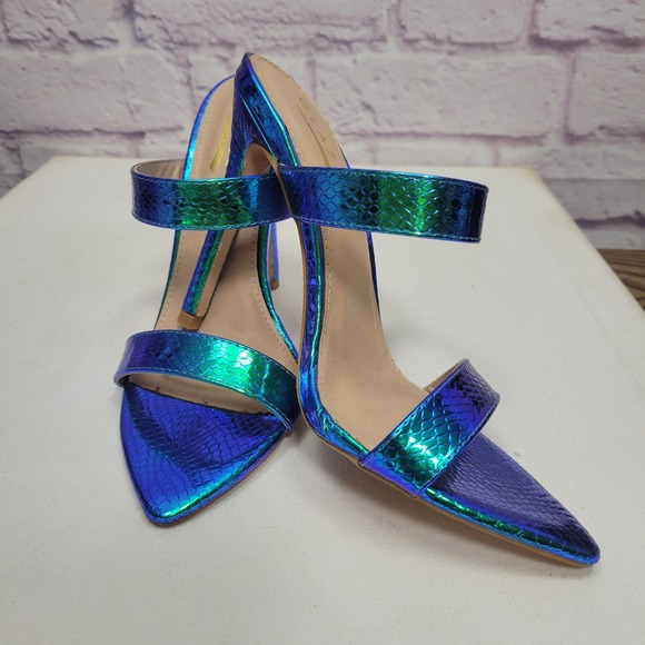 Glaze Mermaid Heels Sz 6 Blue Green Iridescent Snakeskin Stiletto Strappy Sandal - Picture 1 of 9